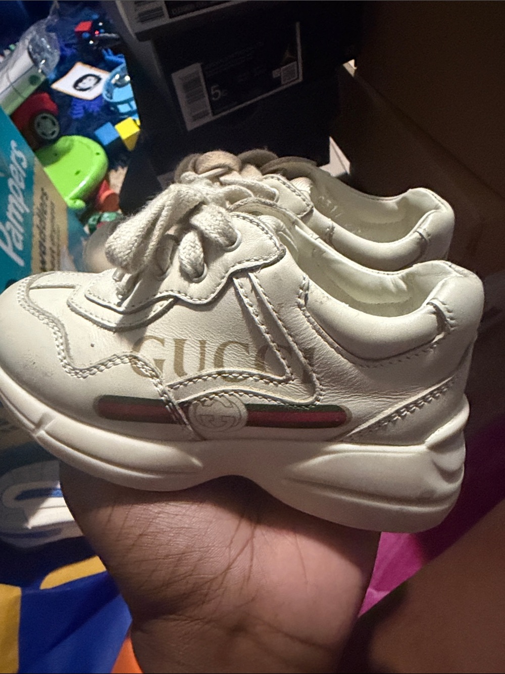 Gucci White Kids Leather Sneakers with Red and Green Stripe